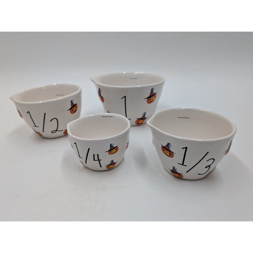 Rae Dunn Halloween Pumpkin Witch Hat Ceramic Measuring Cups Set of 4 Magenta